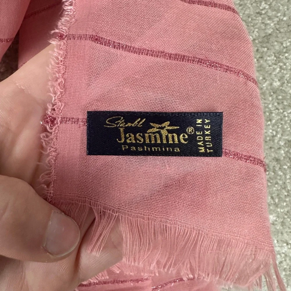 Jasmine Pashmina Scarf Rose Pink Metallic Striped Fringe Wrap Made in Turkey